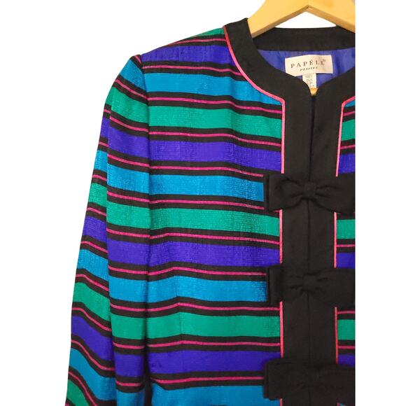 Vintage Papell Petites Womens Silk Snap Button Blazer 6P Striped Career Jacket - Picture 6 of 16